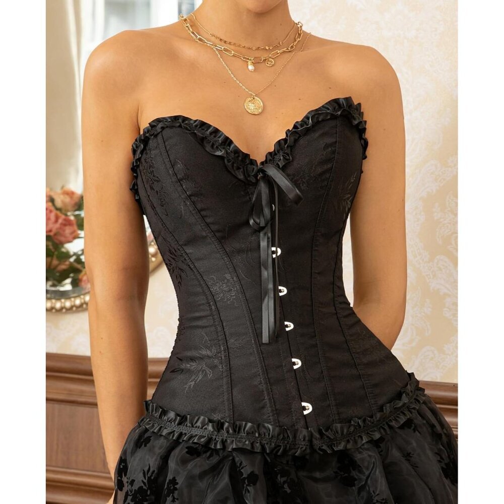 Women's Black Beauty Corset Tops Bustier Lingerie Lace Waist Push Up Bodysuit - Picture 2 of 6